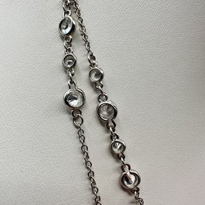 Necklace Silver Tone Double Strand Clear Rhinestone Bezel Set Statement Chain - Thumbnail 4