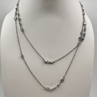 Necklace Silver Tone Double Strand Clear Rhinestone Bezel Set Statement Chain - Thumbnail 2