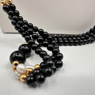 Necklace Vintage Black Beaded Faux Pearl Gold Tone Multi Strand Statement 30" - Thumbnail 4