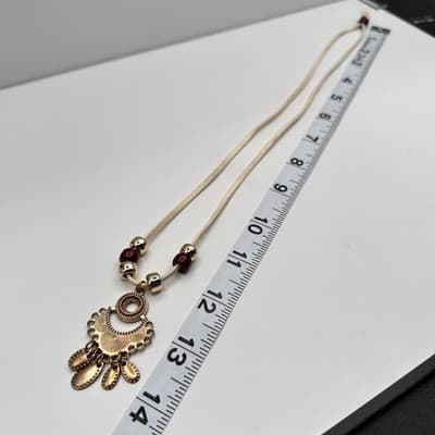 Vintage 90s Boho Statement Necklace Gold Tone Pendant Red Beaded Cream Cord - Thumbnail 11