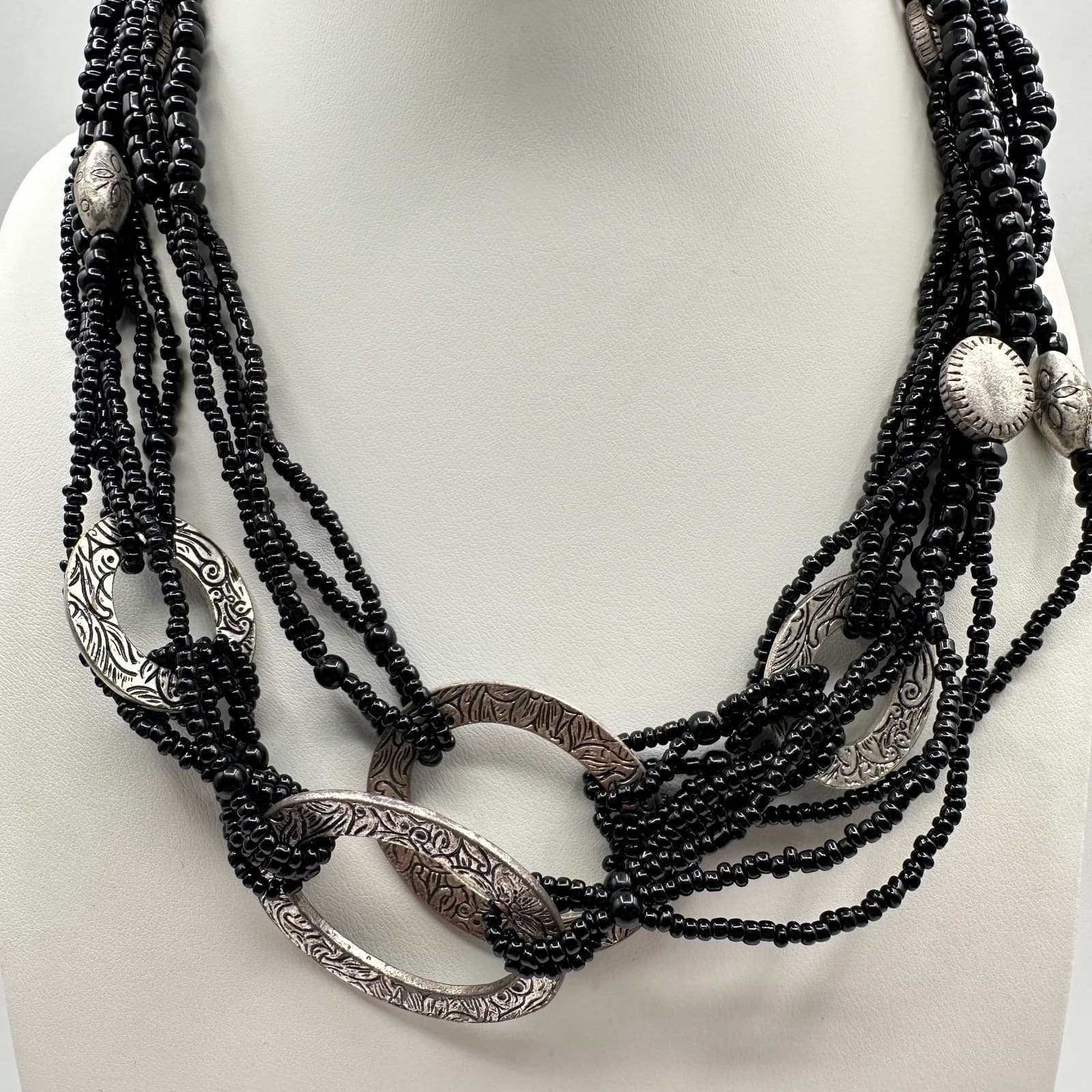 Vintage 80s Silvana Multi-Strand Black Bead & Silver Necklace Jewelry - Thumbnail 8