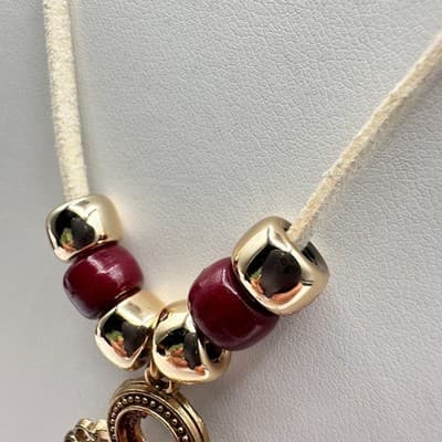 Vintage 90s Boho Statement Necklace Gold Tone Pendant Red Beaded Cream Cord - Thumbnail 9