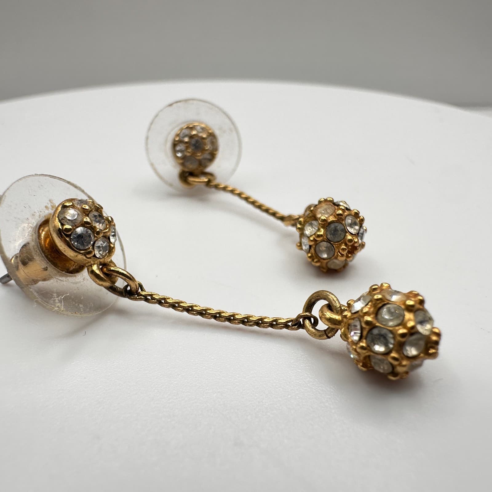 Vintage Y2K Gold Tone Pave Disco Ball Dangle Earrings Clear Crystal Rhinestone - Thumbnail 5