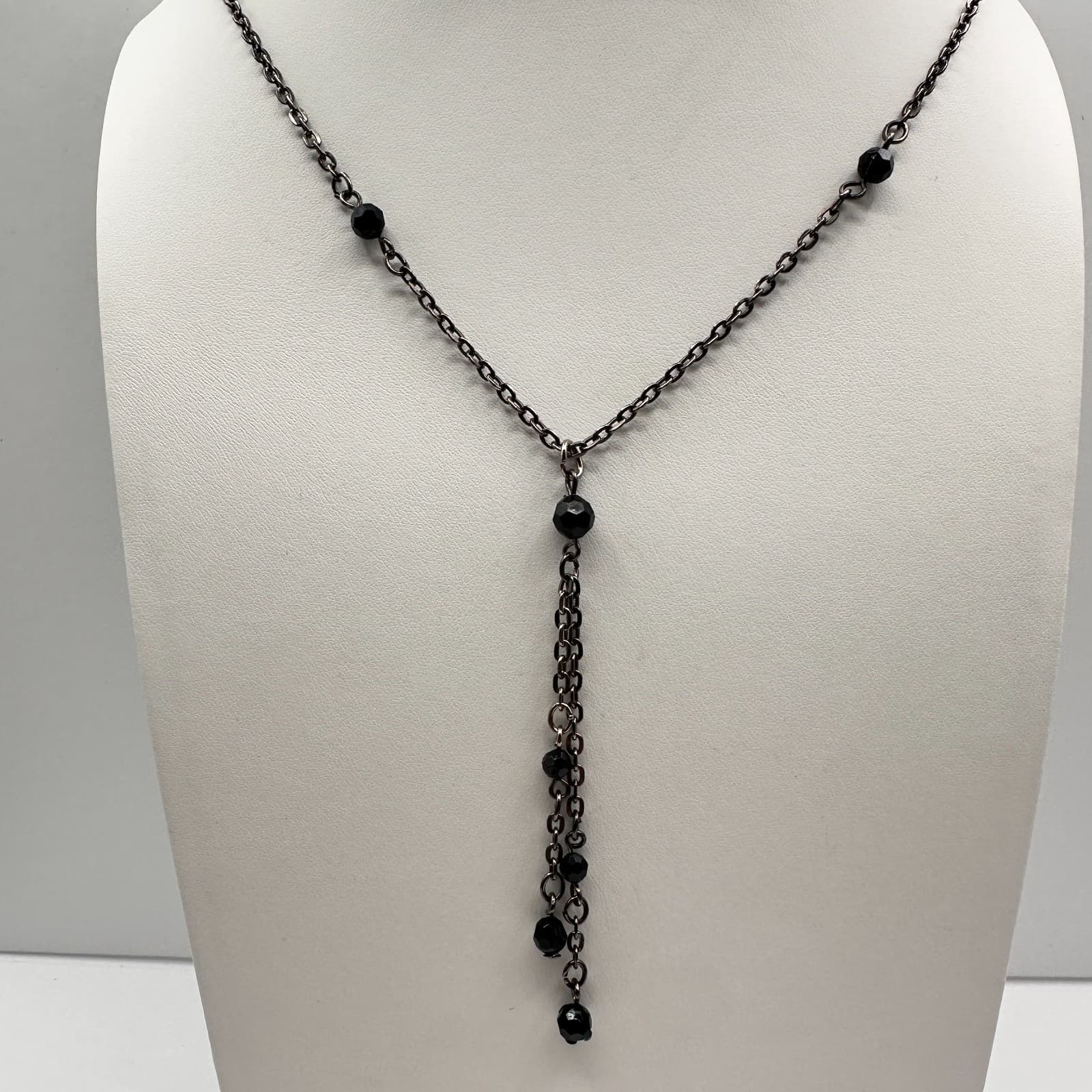 Vintage Y2K Black Beaded Tassel Necklace Silver Tone Chain Boho Women's Jewelry - Image 1