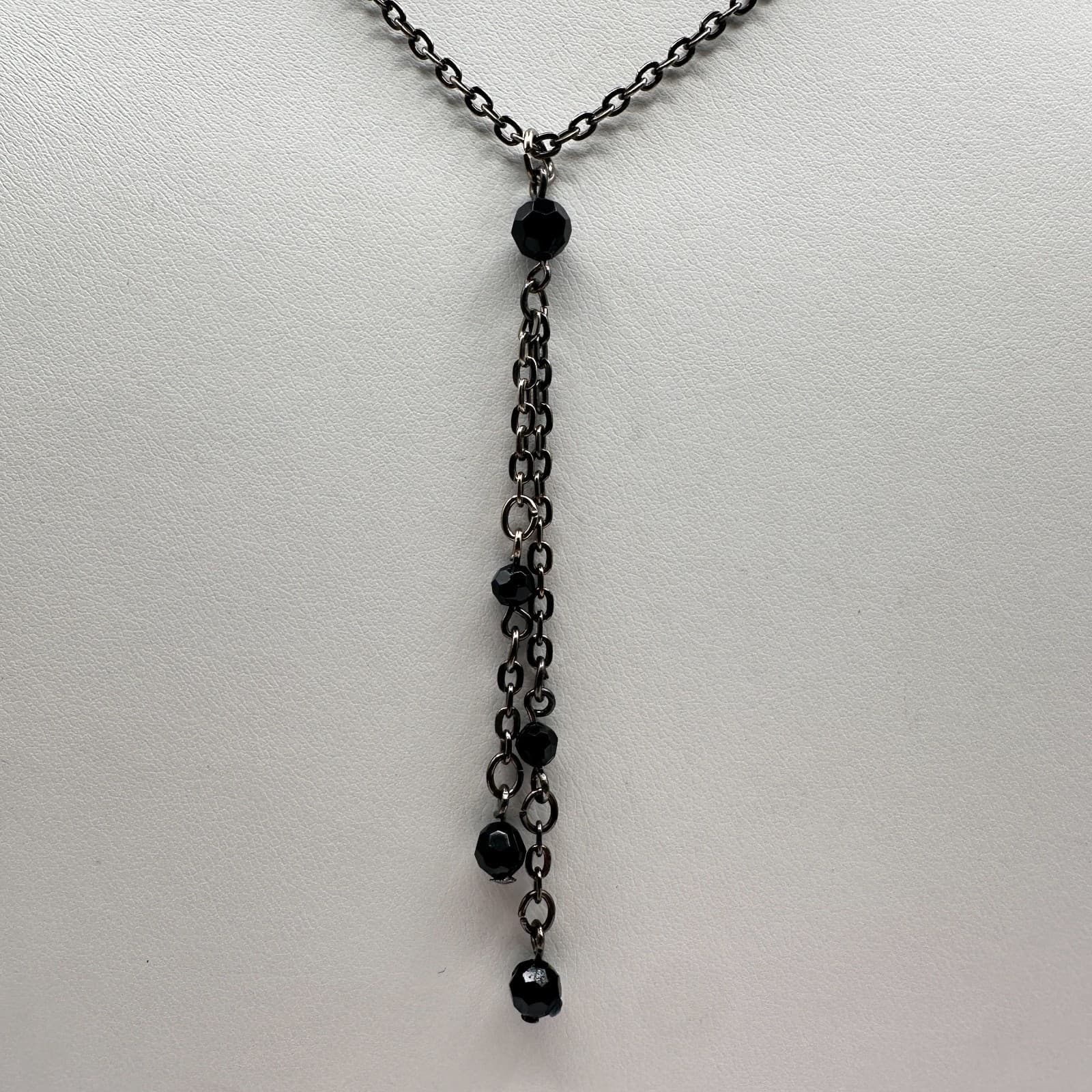 Vintage Y2K Black Beaded Tassel Necklace Silver Tone Chain Boho Women's Jewelry - Thumbnail 2