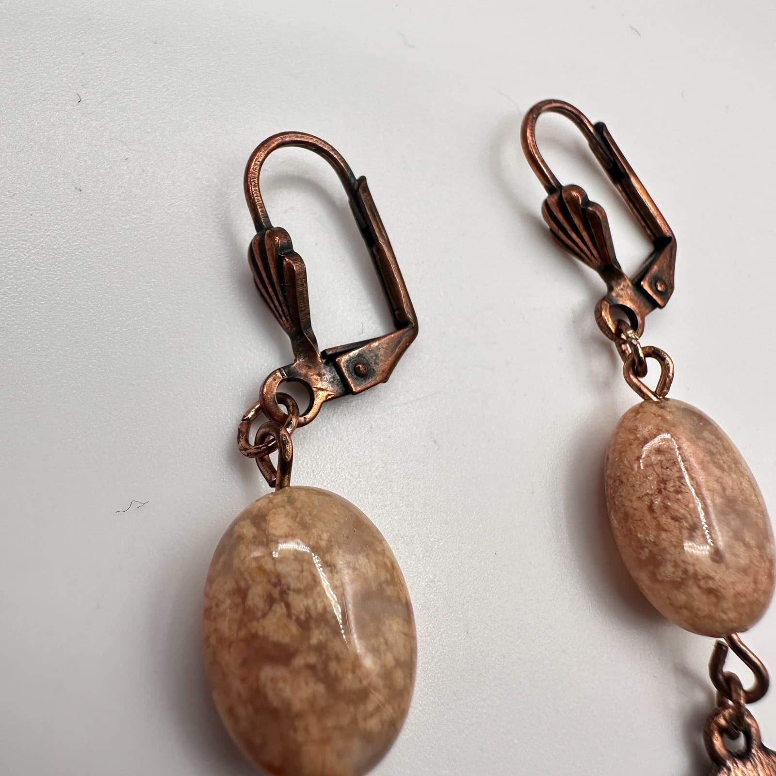 Vintage 90s Copper Tone Oval Drops Earrings Natural Stone Women's Jewelry - Thumbnail 9