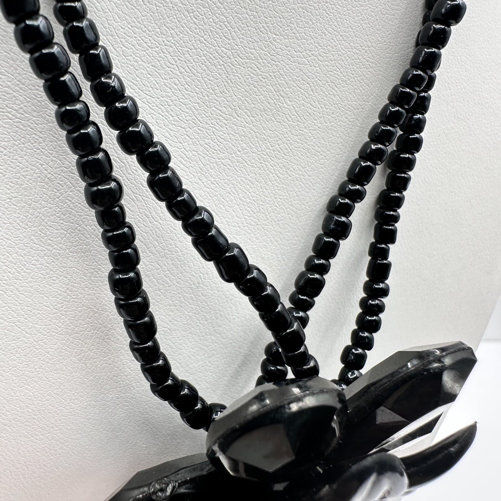 Vintage Y2K Black Beaded Necklace Floral Pendant Statement Retro Boho Jewelry - Thumbnail 5