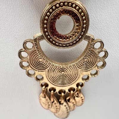 Vintage 90s Boho Statement Necklace Gold Tone Pendant Red Beaded Cream Cord - Thumbnail 6