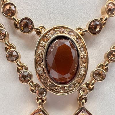Vintage Y2K Amber Rhinestone Teardrop Bib Necklace Gold Tone Statement Jewelry - Thumbnail 4