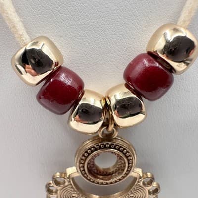 Vintage 90s Boho Statement Necklace Gold Tone Pendant Red Beaded Cream Cord - Thumbnail 4