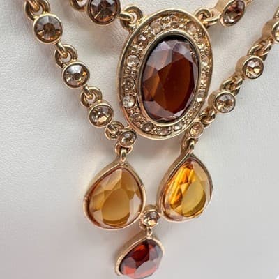 Vintage Y2K Amber Rhinestone Teardrop Bib Necklace Gold Tone Statement Jewelry - Thumbnail 7