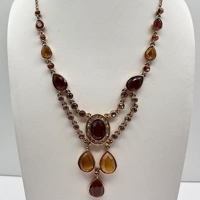 Vintage Y2K Amber Rhinestone Teardrop Bib Necklace Gold Tone Statement Jewelry - Thumbnail 10