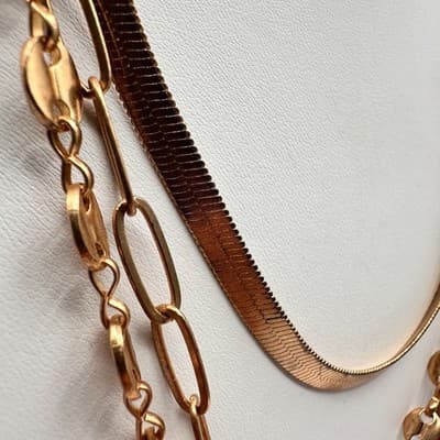 Necklace Gold Tone Multi Strand Layered Herringbone Paperclip Coffee Bean Chain - Thumbnail 3