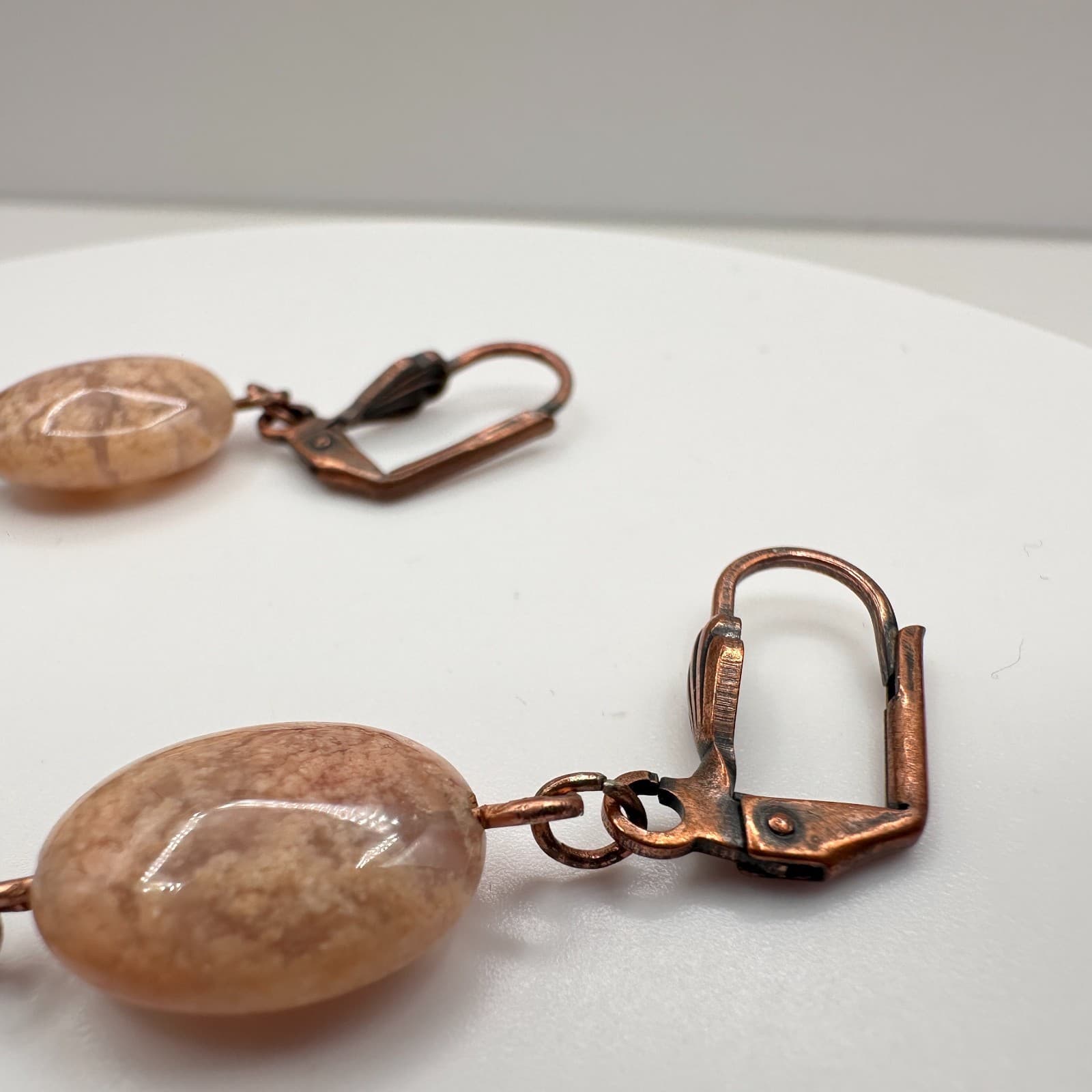 Vintage 90s Copper Tone Oval Drops Earrings Natural Stone Women's Jewelry - Thumbnail 3