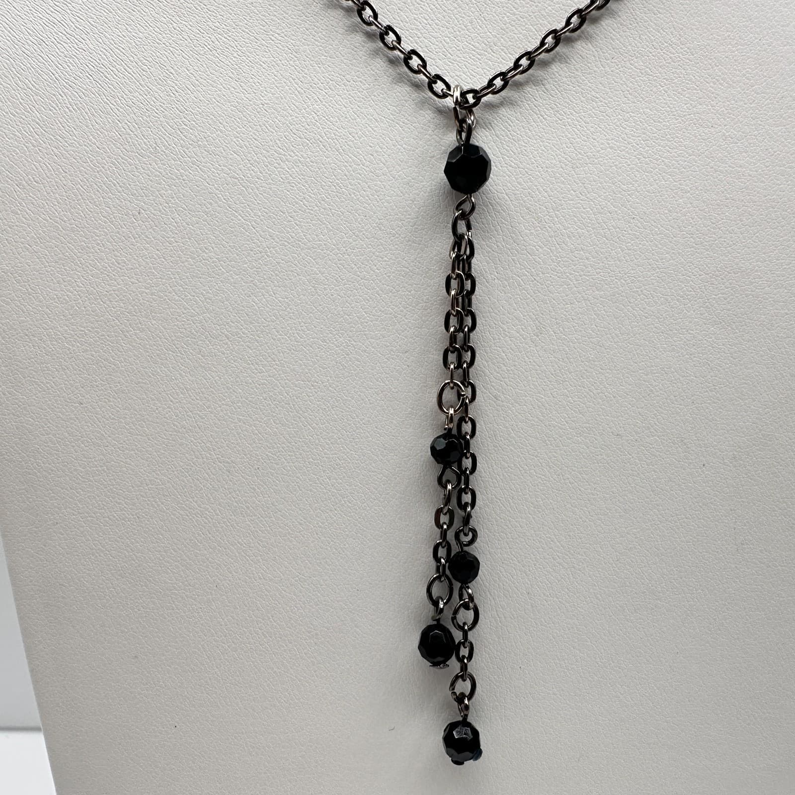 Vintage Y2K Black Beaded Tassel Necklace Silver Tone Chain Boho Women's Jewelry - Thumbnail 6