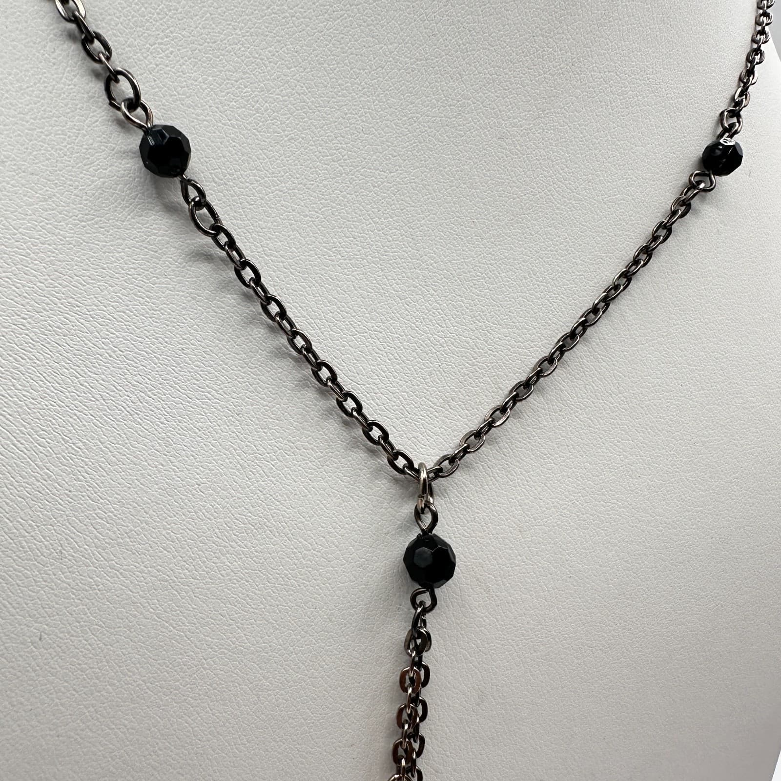 Vintage Y2K Black Beaded Tassel Necklace Silver Tone Chain Boho Women's Jewelry - Thumbnail 3