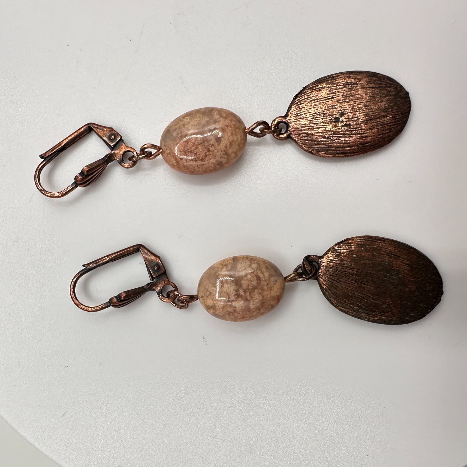 Vintage 90s Copper Tone Oval Drops Earrings Natural Stone Women's Jewelry - Thumbnail 7