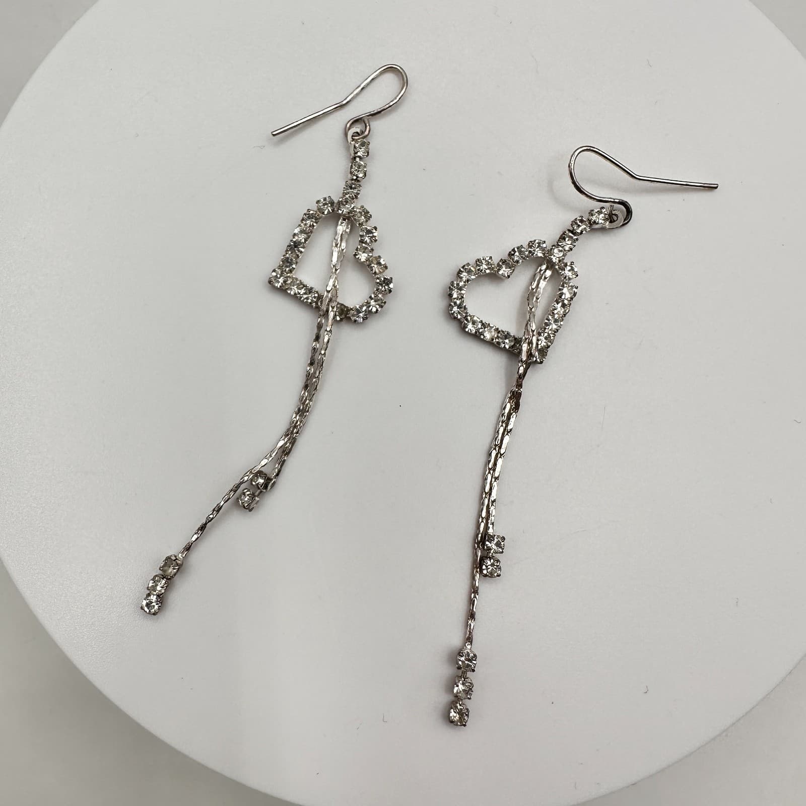 Vintage Y2K Silver Tone Rhinestone Heart Dangle Earrings Tassel Women's Jewelry - Thumbnail 6
