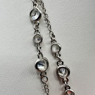 Necklace Silver Tone Double Strand Clear Rhinestone Bezel Set Statement Chain - Thumbnail 5