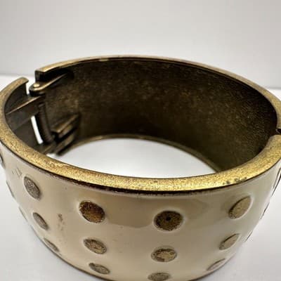 Vintage 90s Polka Dot Enamel Hand Bracelet Gold Tone Wide Hinged Statement - Thumbnail 6