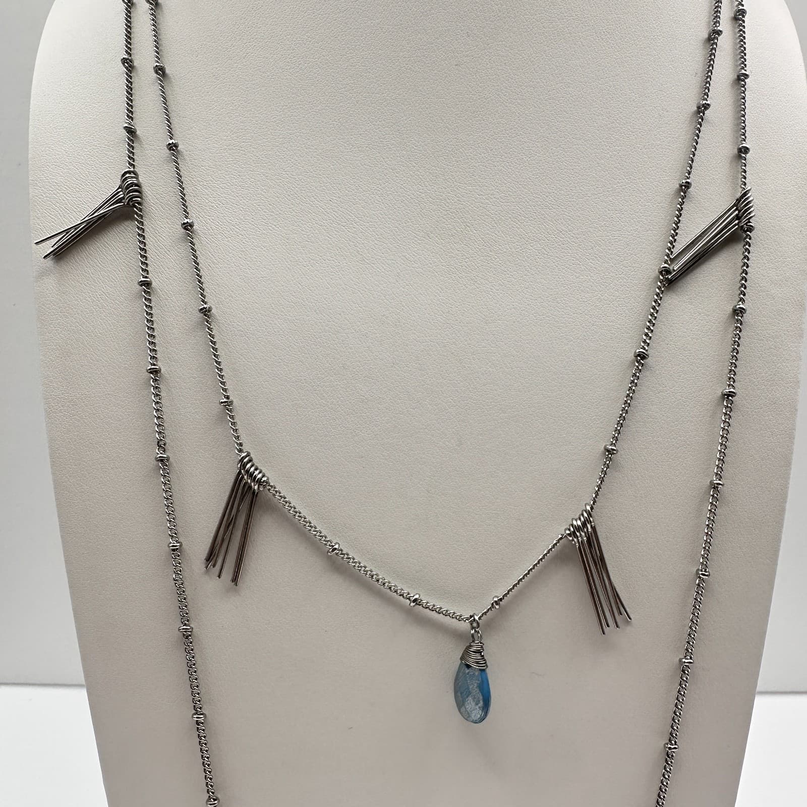 Vintage 90s Silver Tone Blue Stone Fringe Double Strand Necklace Women's Jewelry - Thumbnail 2