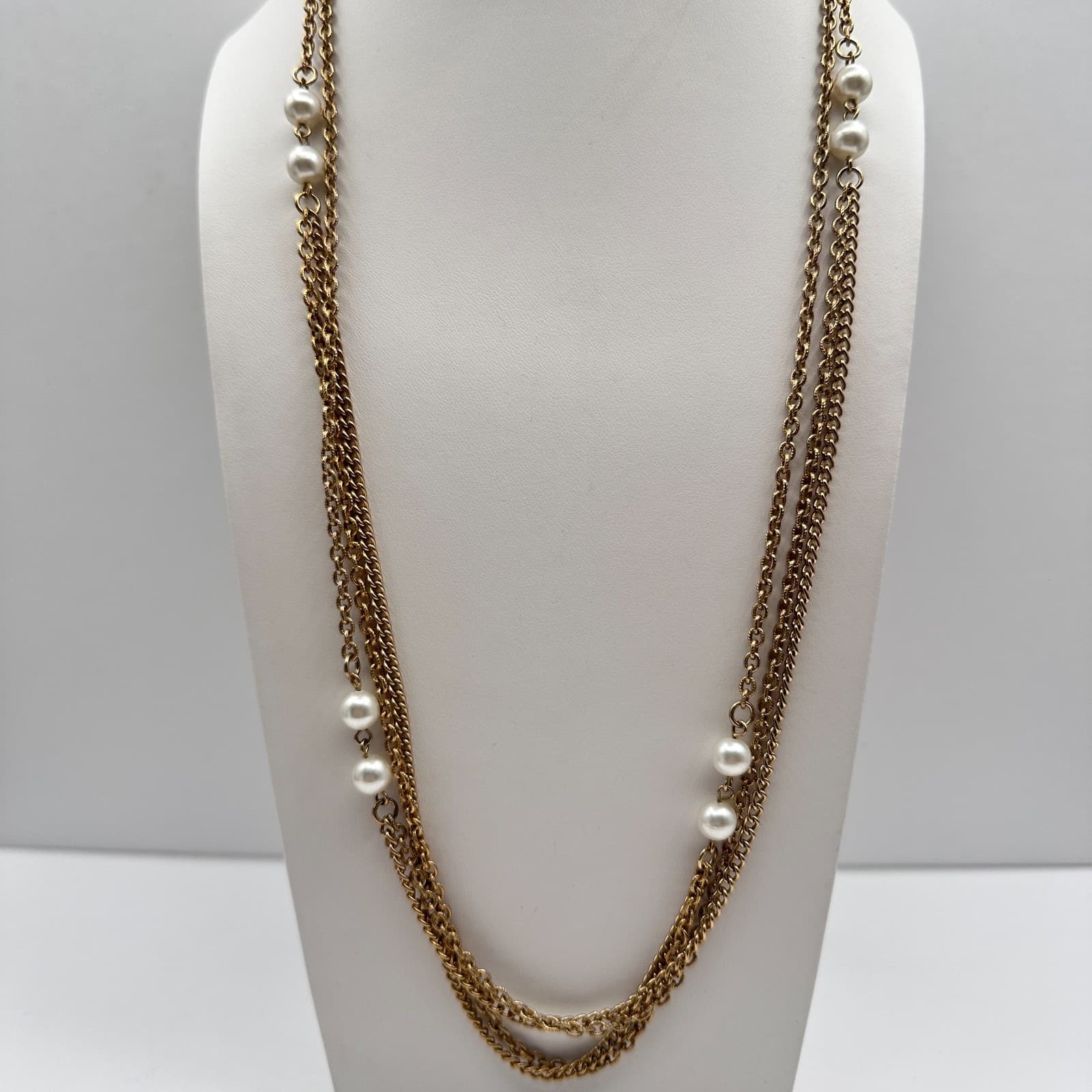 Vintage 80s Gold Tone Multi Strand Faux Pearl Necklace Women's Classic Jewelry - Image 1
