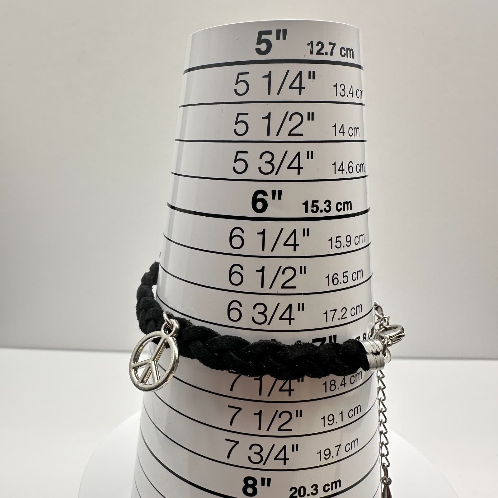 Vintage 90s Black Braided Suede Charm Bracelet Peace Sign Boho Women's Jewelry - Thumbnail 8