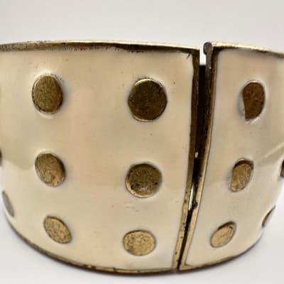 Vintage 90s Polka Dot Enamel Hand Bracelet Gold Tone Wide Hinged Statement - Thumbnail 4