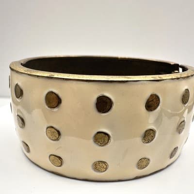 Vintage 90s Polka Dot Enamel Hand Bracelet Gold Tone Wide Hinged Statement - Image 1