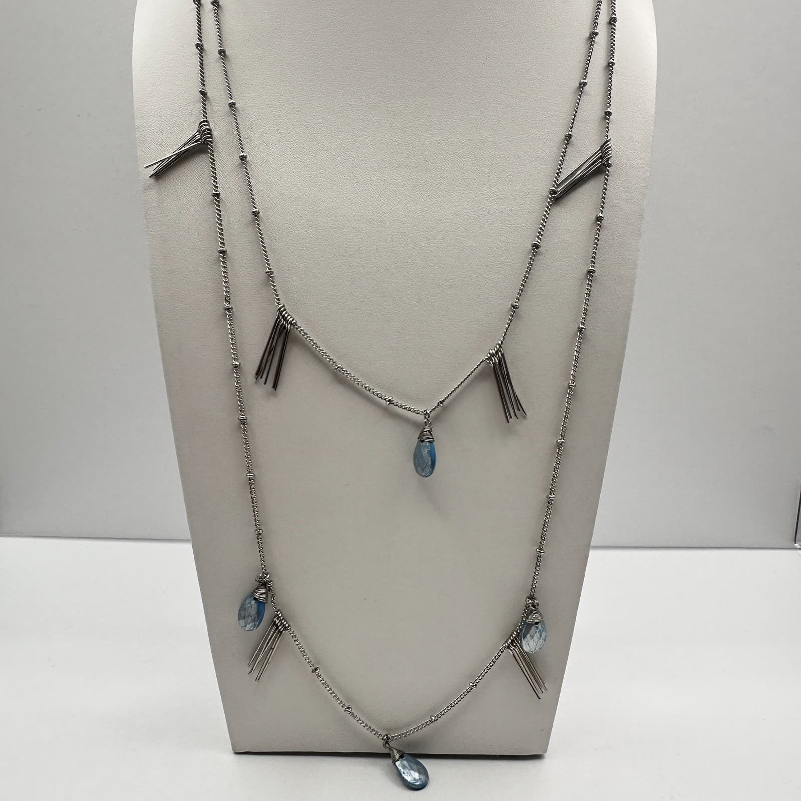 Vintage 90s Silver Tone Blue Stone Fringe Double Strand Necklace Women's Jewelry - Thumbnail 6