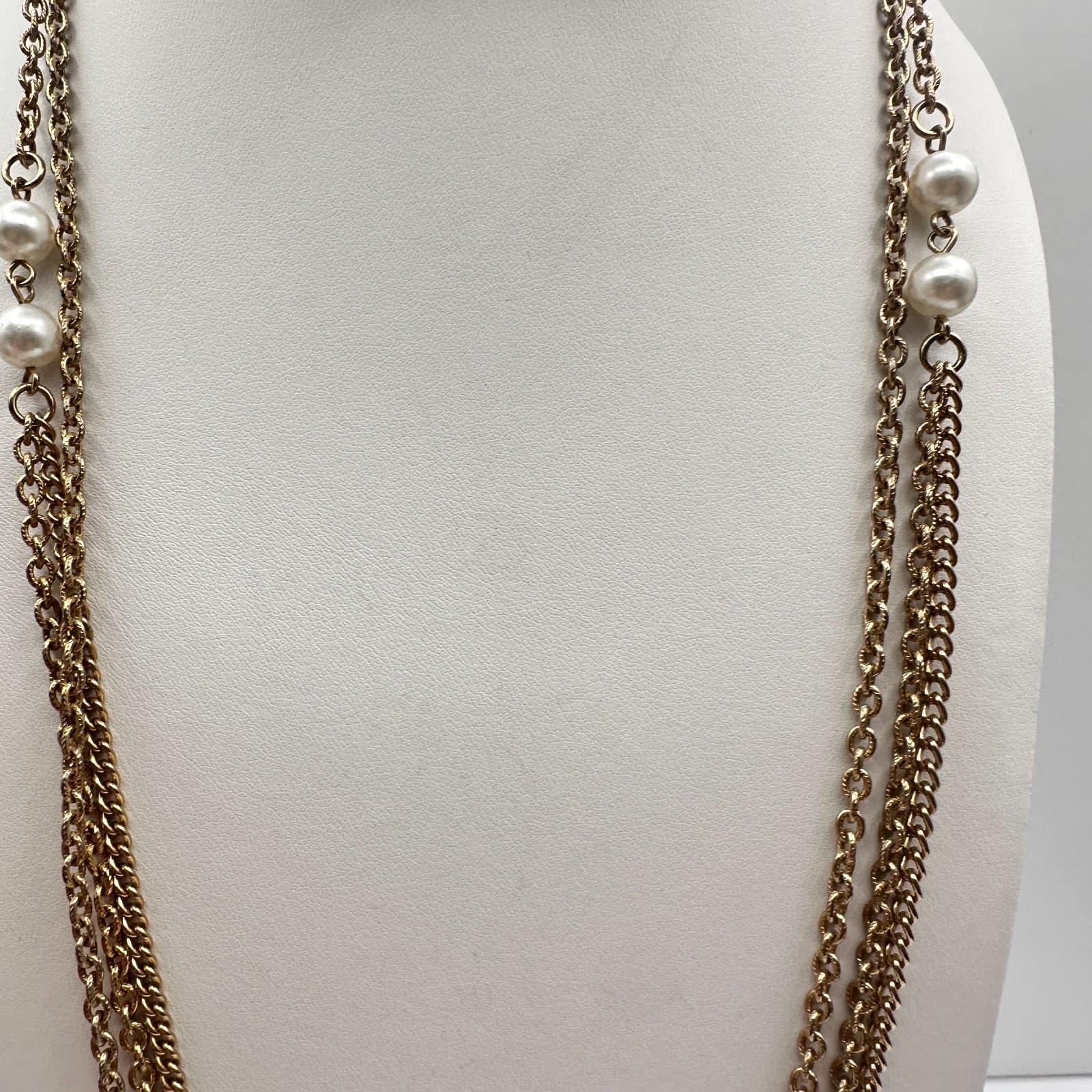 Vintage 80s Gold Tone Multi Strand Faux Pearl Necklace Women's Classic Jewelry - Thumbnail 2