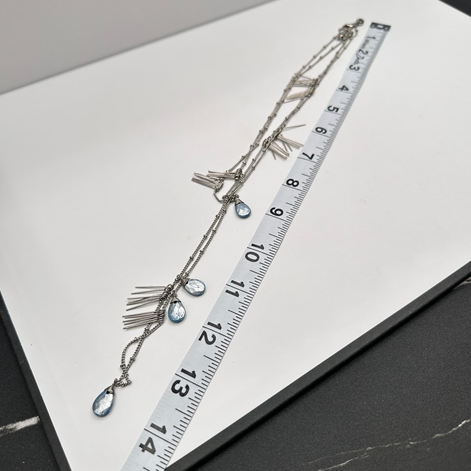 Vintage 90s Silver Tone Blue Stone Fringe Double Strand Necklace Women's Jewelry - Thumbnail 9