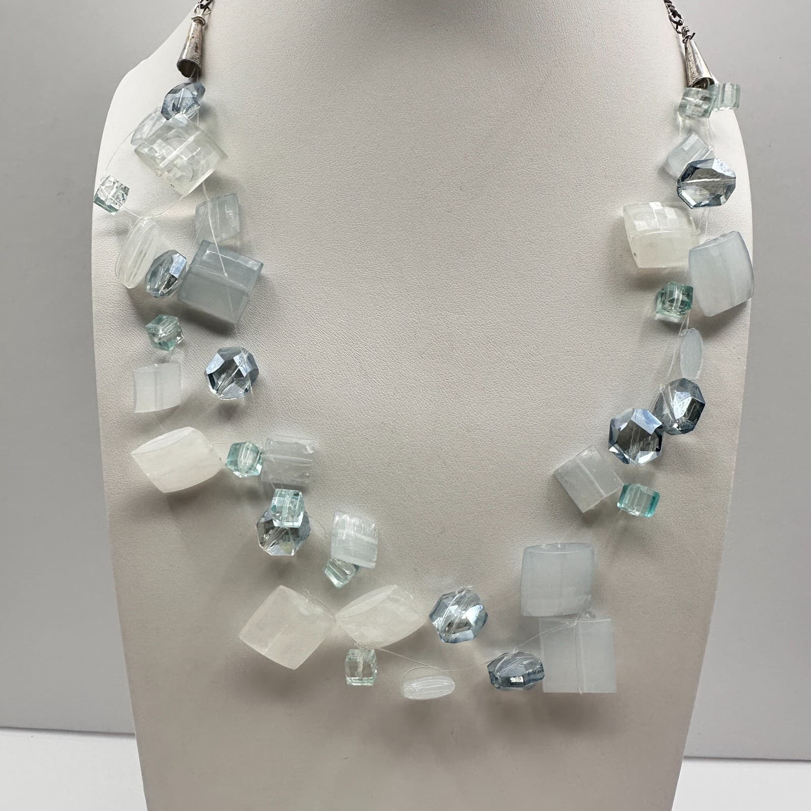 Vintage Y2K Necklace Blue & White Clear Crystal Glass Beaded Statement Jewelry - Image 1