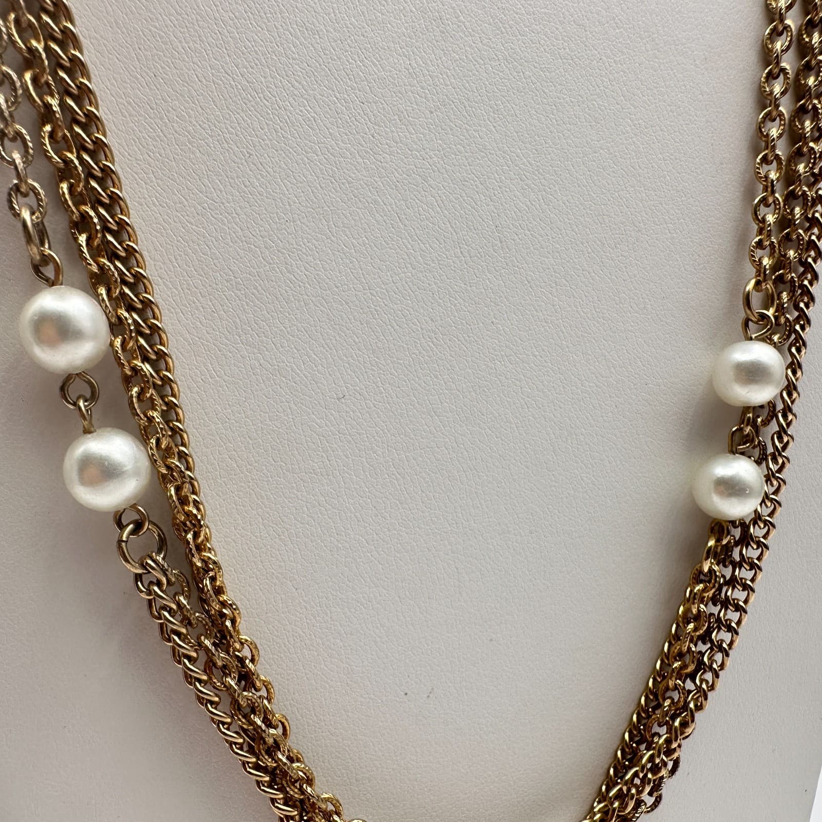 Vintage 80s Gold Tone Multi Strand Faux Pearl Necklace Women's Classic Jewelry - Thumbnail 5