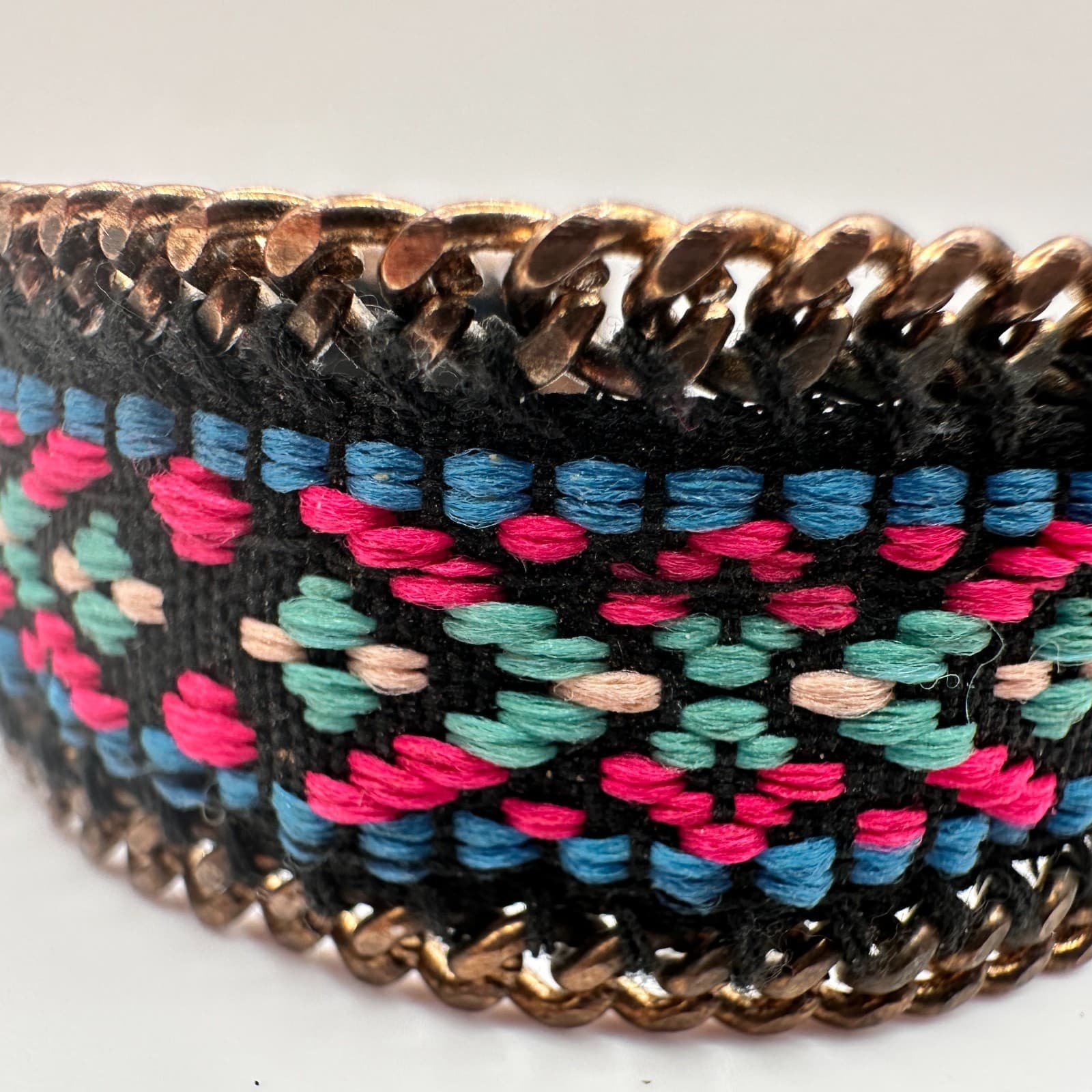 Vintage 90s Bronze Tone Geometric Pattern Cuff Bracelet Chain Women's Jewelry - Thumbnail 4