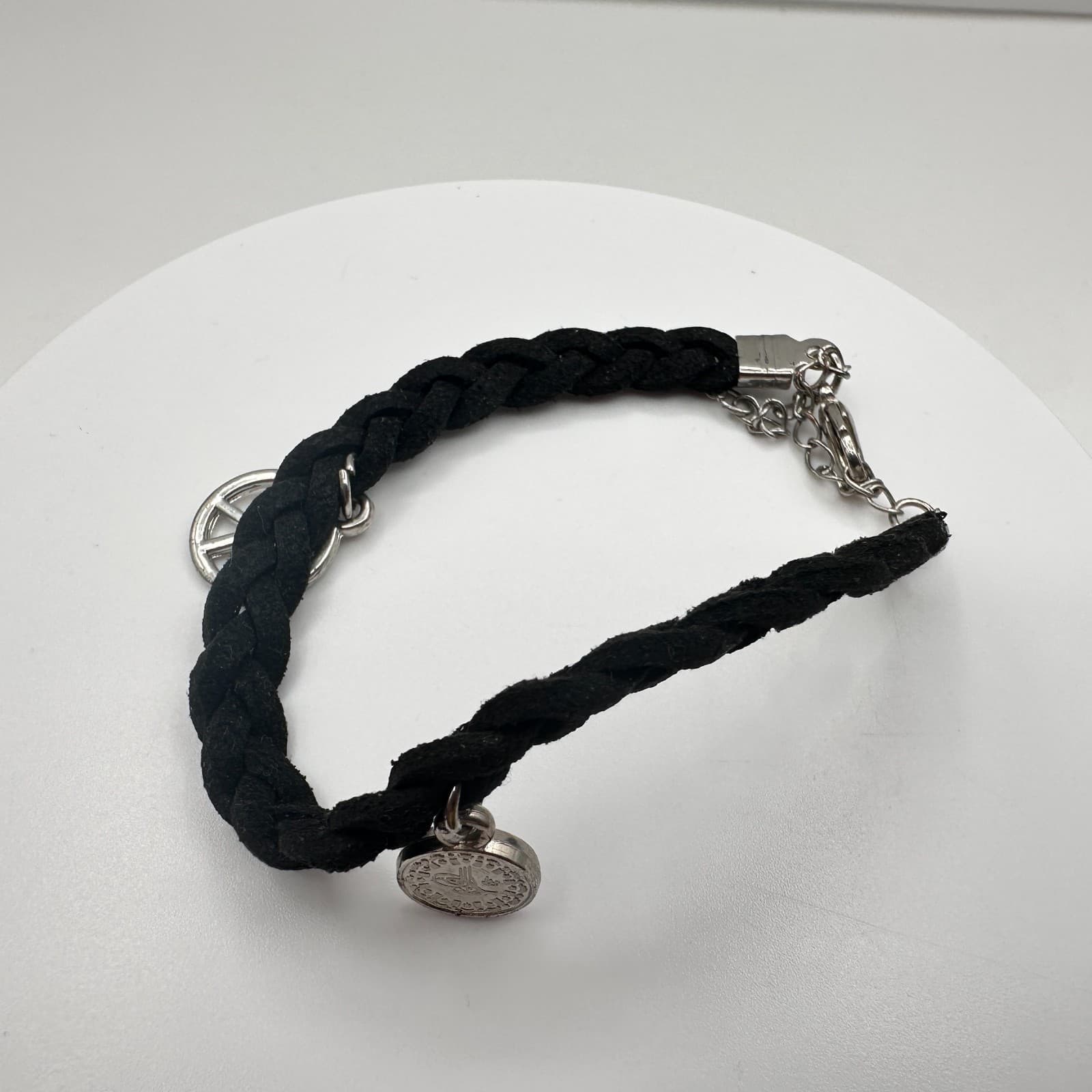 Vintage 90s Black Braided Suede Charm Bracelet Peace Sign Boho Women's Jewelry - Thumbnail 6