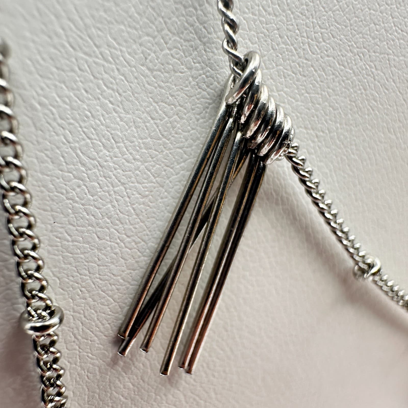 Vintage 90s Silver Tone Blue Stone Fringe Double Strand Necklace Women's Jewelry - Thumbnail 5