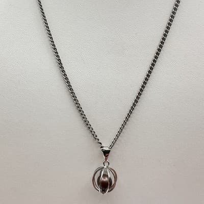 Vintage 90s Silver Tone Cage Necklace Faux Chocolate Pearl Fashion Jewelry - Thumbnail 5