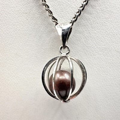 Vintage 90s Silver Tone Cage Necklace Faux Chocolate Pearl Fashion Jewelry - Image 1