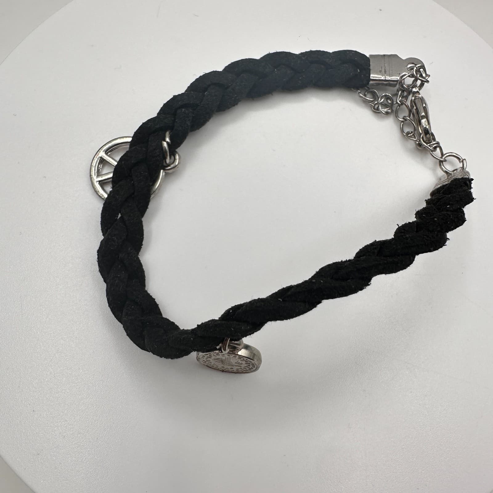 Vintage 90s Black Braided Suede Charm Bracelet Peace Sign Boho Women's Jewelry - Thumbnail 4