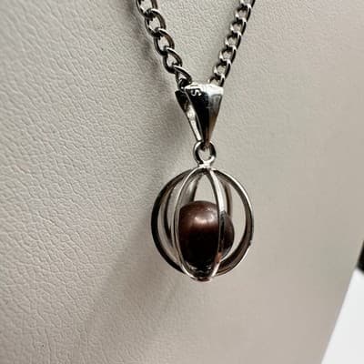 Vintage 90s Silver Tone Cage Necklace Faux Chocolate Pearl Fashion Jewelry - Thumbnail 4