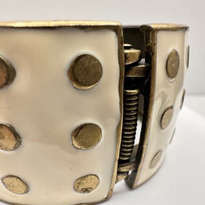 Vintage 90s Polka Dot Enamel Hand Bracelet Gold Tone Wide Hinged Statement - Thumbnail 3