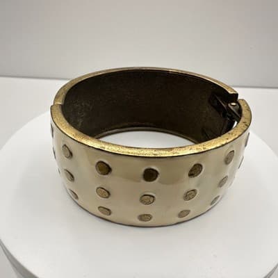 Vintage 90s Polka Dot Enamel Hand Bracelet Gold Tone Wide Hinged Statement - Thumbnail 2