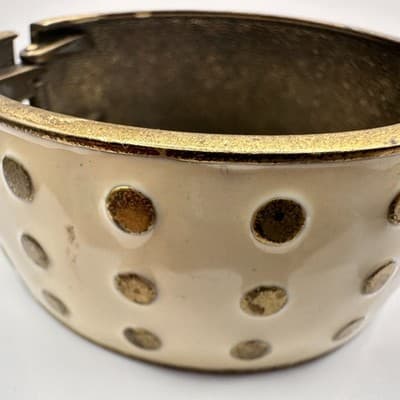 Vintage 90s Polka Dot Enamel Hand Bracelet Gold Tone Wide Hinged Statement - Thumbnail 7