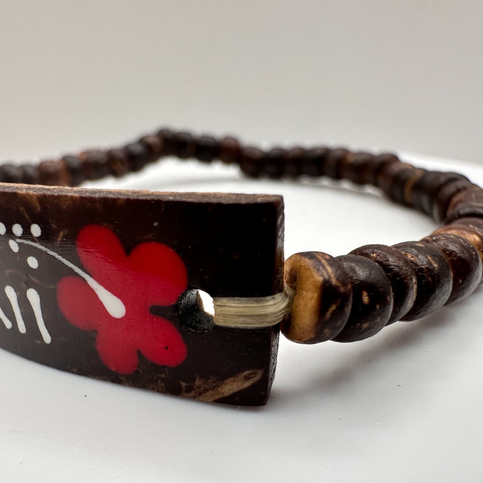 Vintage 80s Hawaii Wooden Beaded Bracelet Hibiscus Women's Classic Jewelry - Thumbnail 4