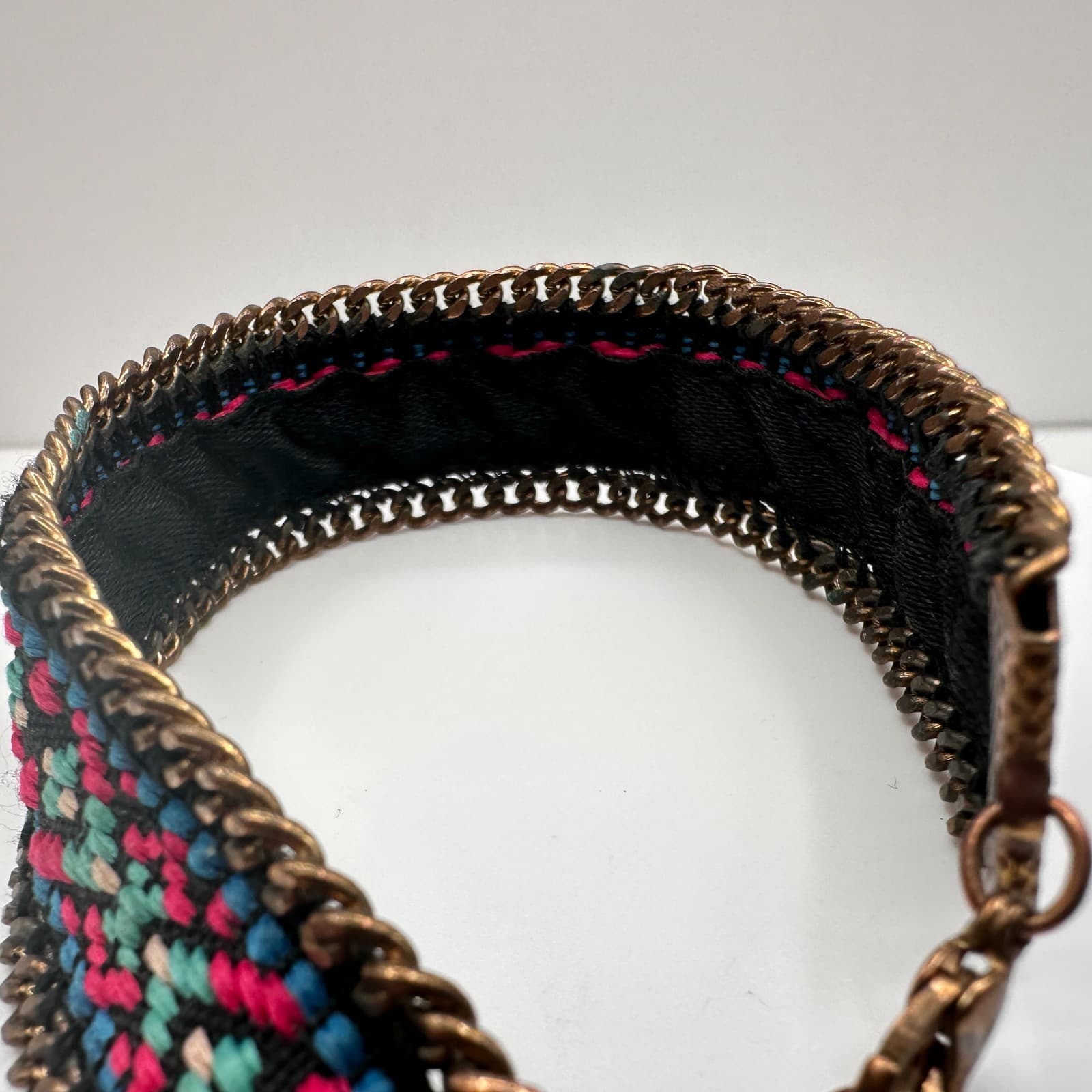 Vintage 90s Bronze Tone Geometric Pattern Cuff Bracelet Chain Women's Jewelry - Thumbnail 7