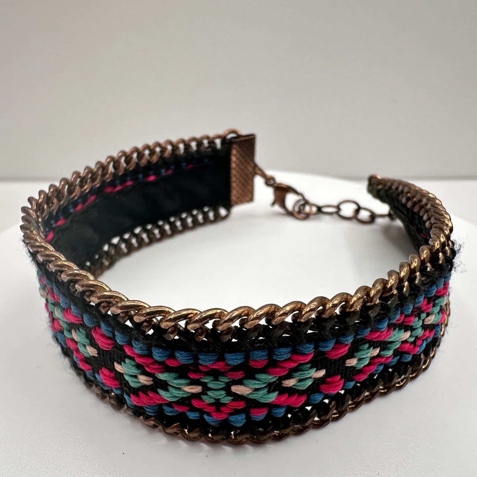 Vintage 90s Bronze Tone Geometric Pattern Cuff Bracelet Chain Women's Jewelry - Thumbnail 3