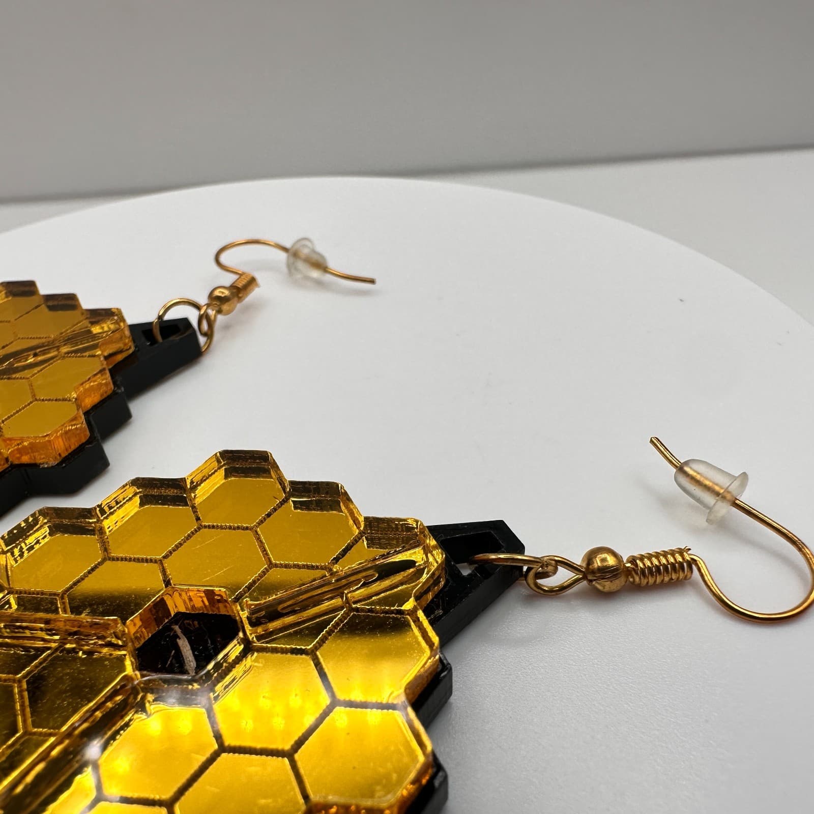 Vintage 90s Gold Tone Mirror Hexagon Dangle Earrings Women's Classic Jewelry - Thumbnail 3