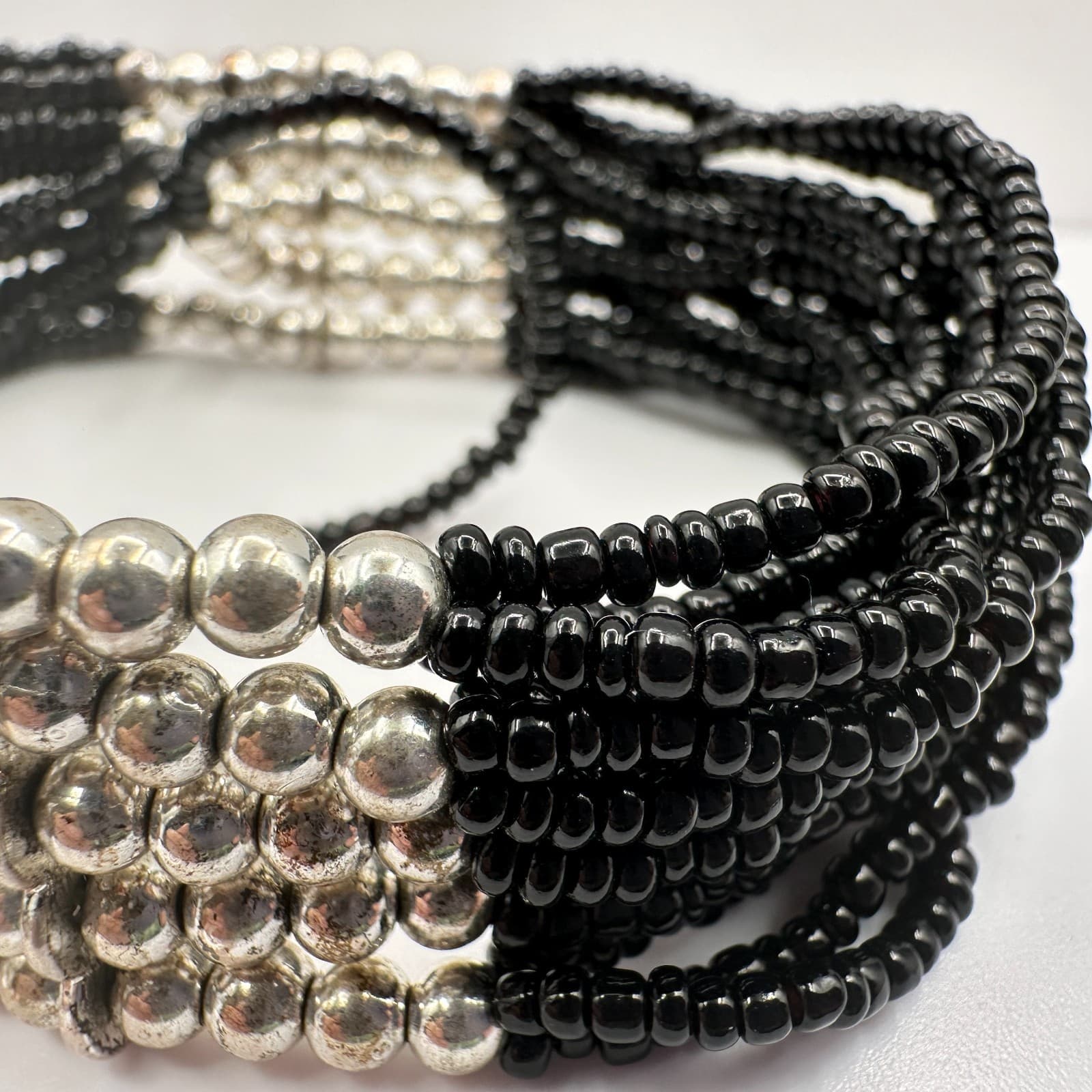 Vintage Y2K Black Beaded Multi-Strand Bracelet Silver Tone Statement Jewelry - Thumbnail 6