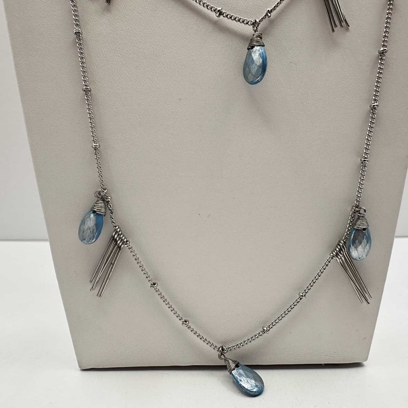 Vintage 90s Silver Tone Blue Stone Fringe Double Strand Necklace Women's Jewelry - Thumbnail 3